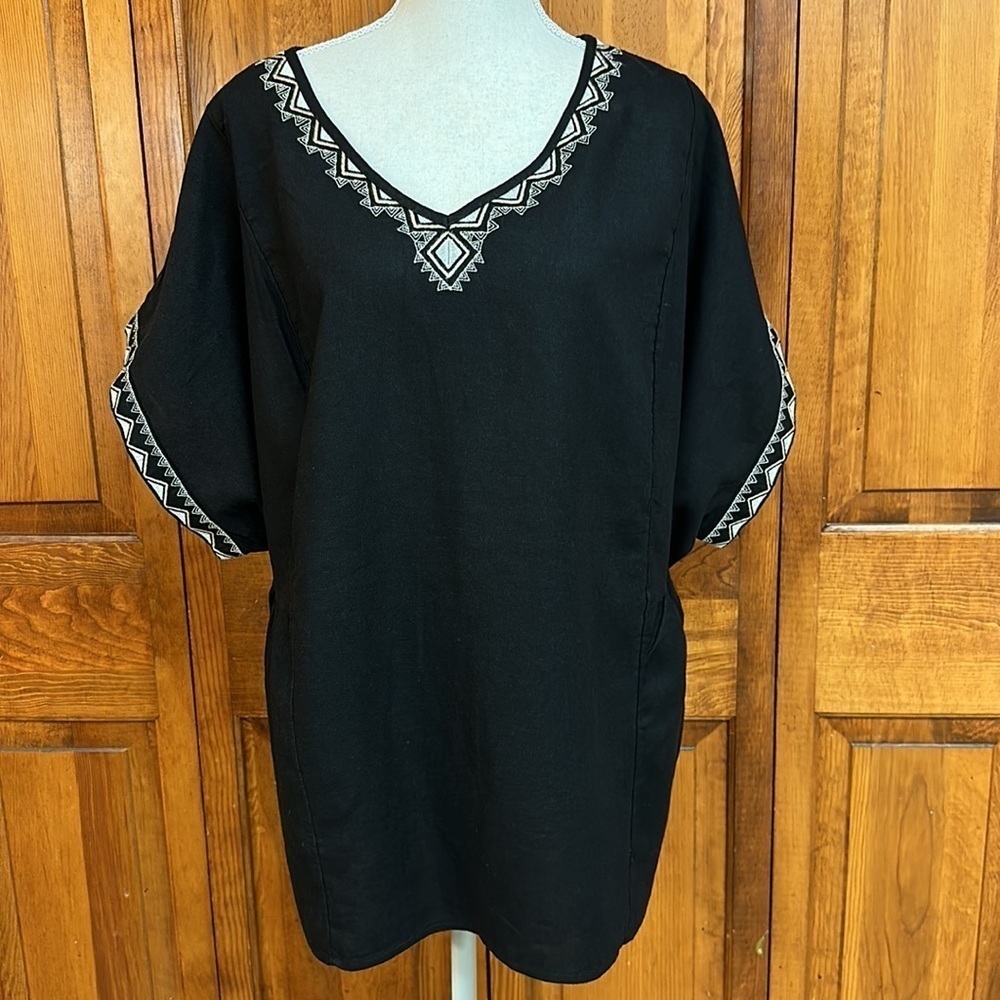 Sonoma Linen/Rayon Black Boho V-Neck Embroidered Popover Blouse 2X NWOT